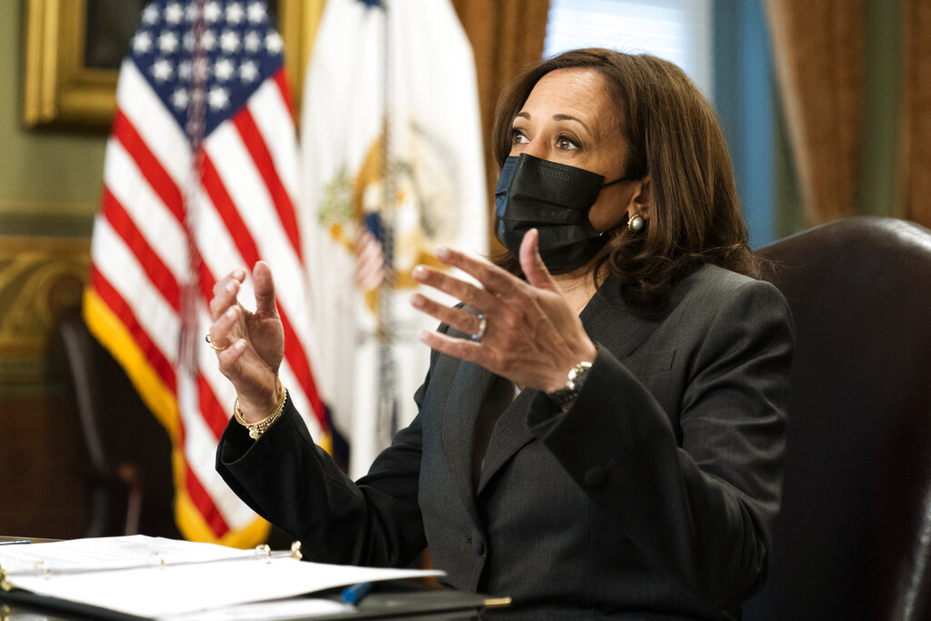 Vice President Kamala Harris speaks during a meeting with Native American community leaders about voting rights together with Secretary of the Interior Deb Haaland, in the Vice President's Ceremonial Office at the Eisenhower Executive Office Building on the White House complex, in Washington, Tuesday, July 27, 2021. (AP Photo/Manuel Balce Ceneta)