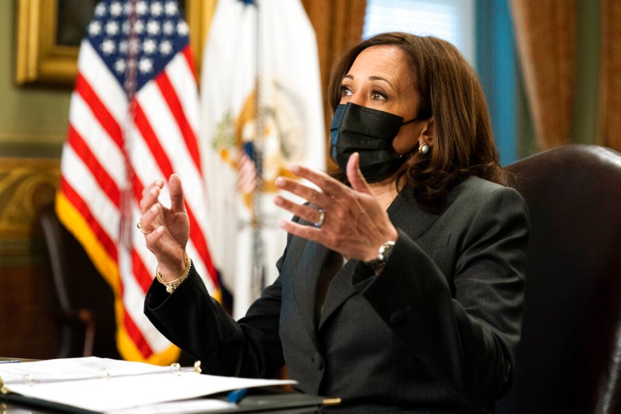 Vice President Kamala Harris speaks during a meeting with Native American community leaders about voting rights together with Secretary of the Interior Deb Haaland, in the Vice President's Ceremonial Office at the Eisenhower Executive Office Building on the White House complex, in Washington, Tuesday, July 27, 2021. (AP Photo/Manuel Balce Ceneta)