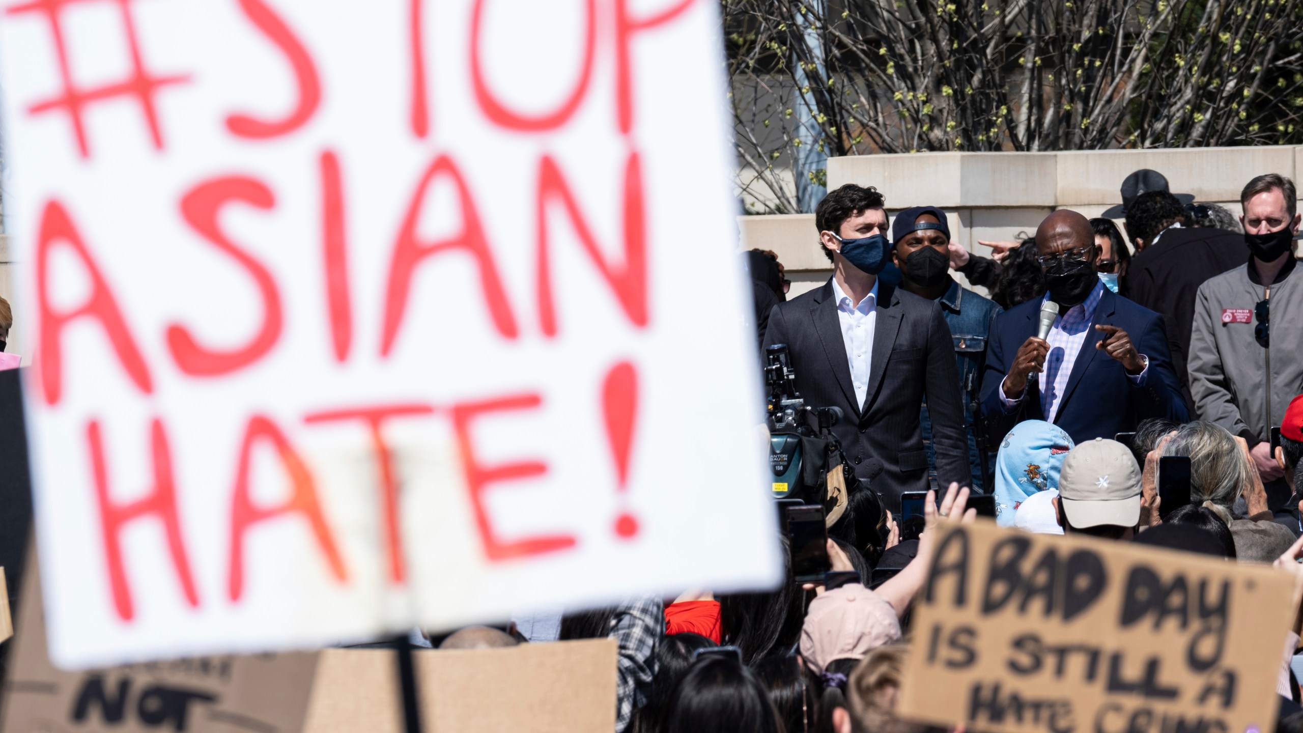 This March 20, 2021 file photo shows U.S. Sens. Jon Ossoff, D-Ga., and Raphael Warnock, D-Ga., speaking during a "stop Asian hate" rally outside the Georgia State Capitol in Atlanta. (Ben Gray/Associated Press)