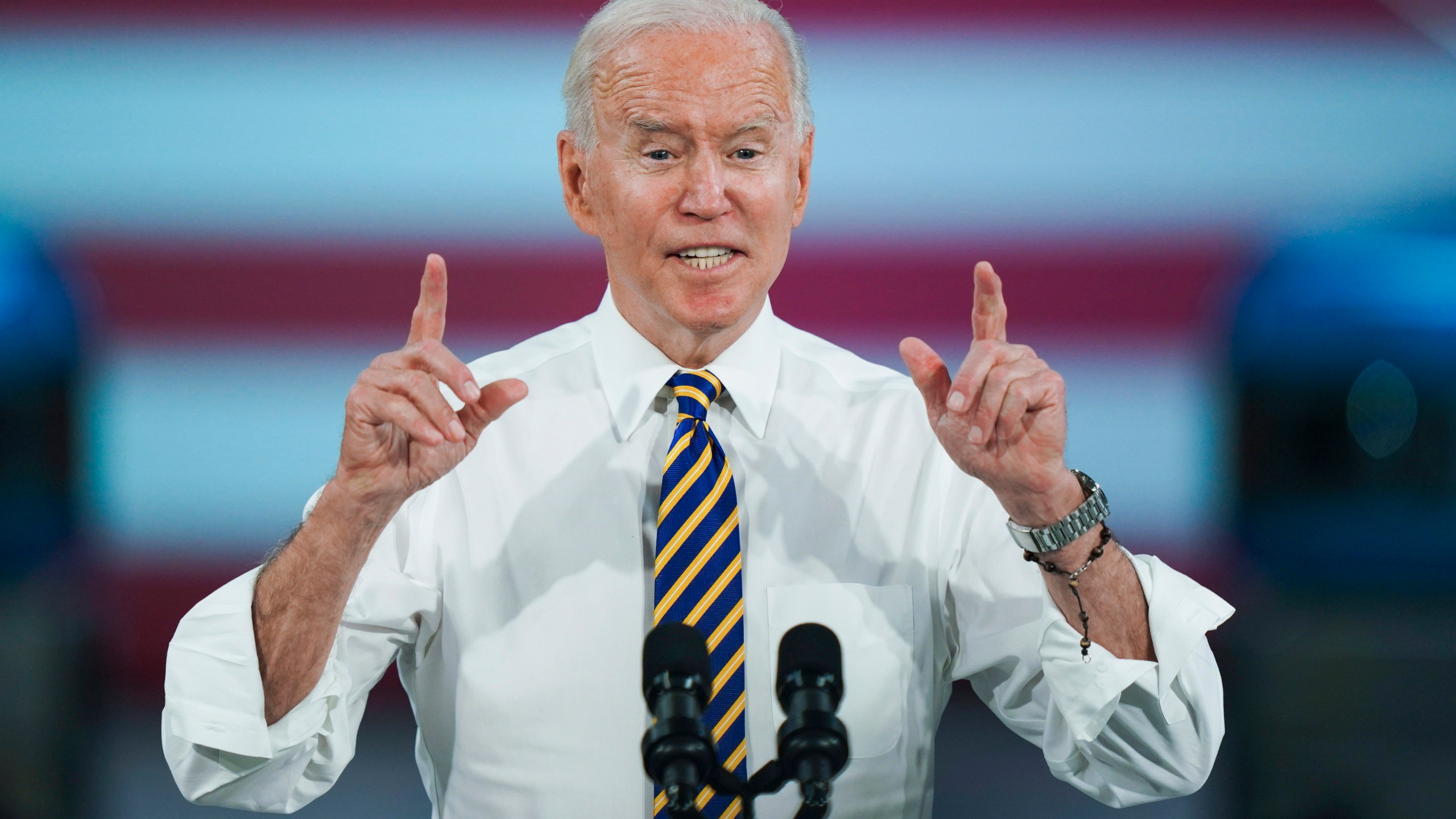 President Joe Biden speaks during a visit to the Lehigh Valley operations facility for Mack Trucks in Macungie, Pa., Wednesday, July 28, 2021. (AP Photo/Matt Rourke)