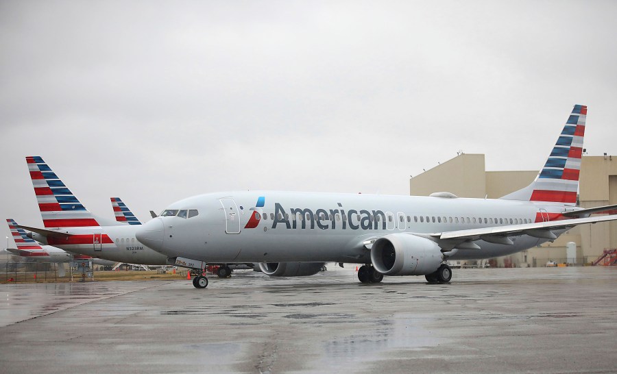 An American Airlines Boeing 737 Max taxis at Tulsa International Airport to fly to Dallas, Dec. 2, 2020, in Tulsa, Okla. (Mike Simons/Tulsa World via AP)