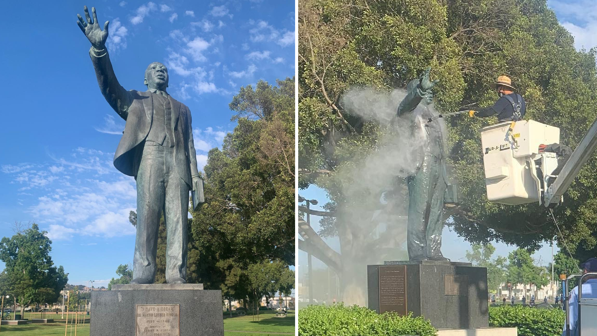 A statue of Martin Luther King Jr. in Long Beach is seen being cleaned June 3, 2021 after it was vandalized with hate symbols. (Long Beach Councilwoman Suely Saro)