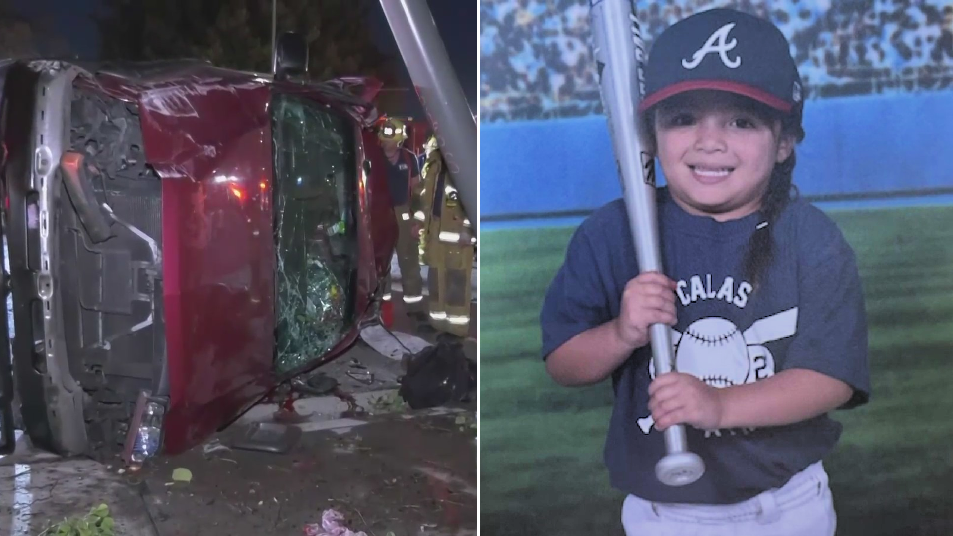 A truck is seen overturned following a fatal collision in Harbor City on July 9, 2021. (RMG News). On the right, victim Jayda Sanchez, 4, is seen in a photo shared by family members.