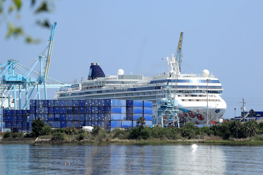 A Norwegian Cruise Line ship is seen docked at the Port of Jacksonville on March 27, 2020 in Florida. (Sam Greenwood/Getty Images)