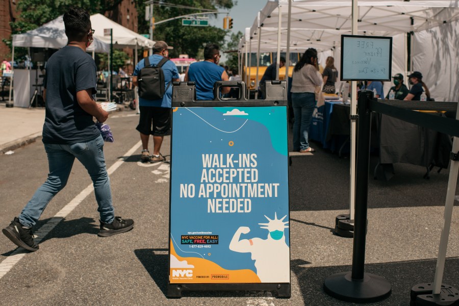 Families visit a pop-up COVID-19 vaccine site and block party on June 5, 2021 in the Jackson Heights neighborhood in the Queens borough in New York City. (Scott Heins/Getty Images)