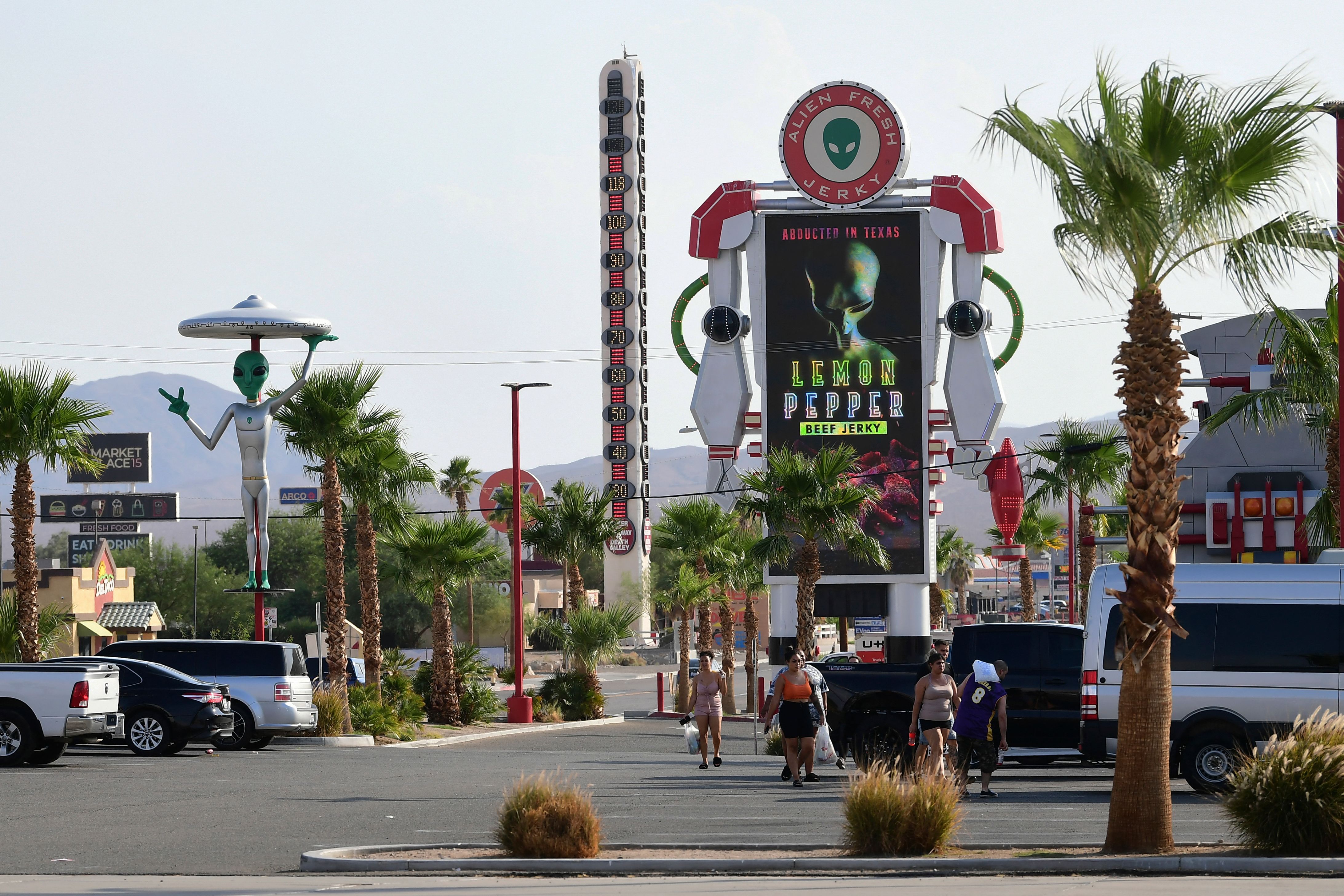 Triple digit temperatures are seen on what is billed as the World's Tallest Thermometer in the Mojave Desert town of Baker, where temperatures hit 118 degrees as California is gripped in another heat wave. (FREDERIC J. BROWN/AFP via Getty Images)