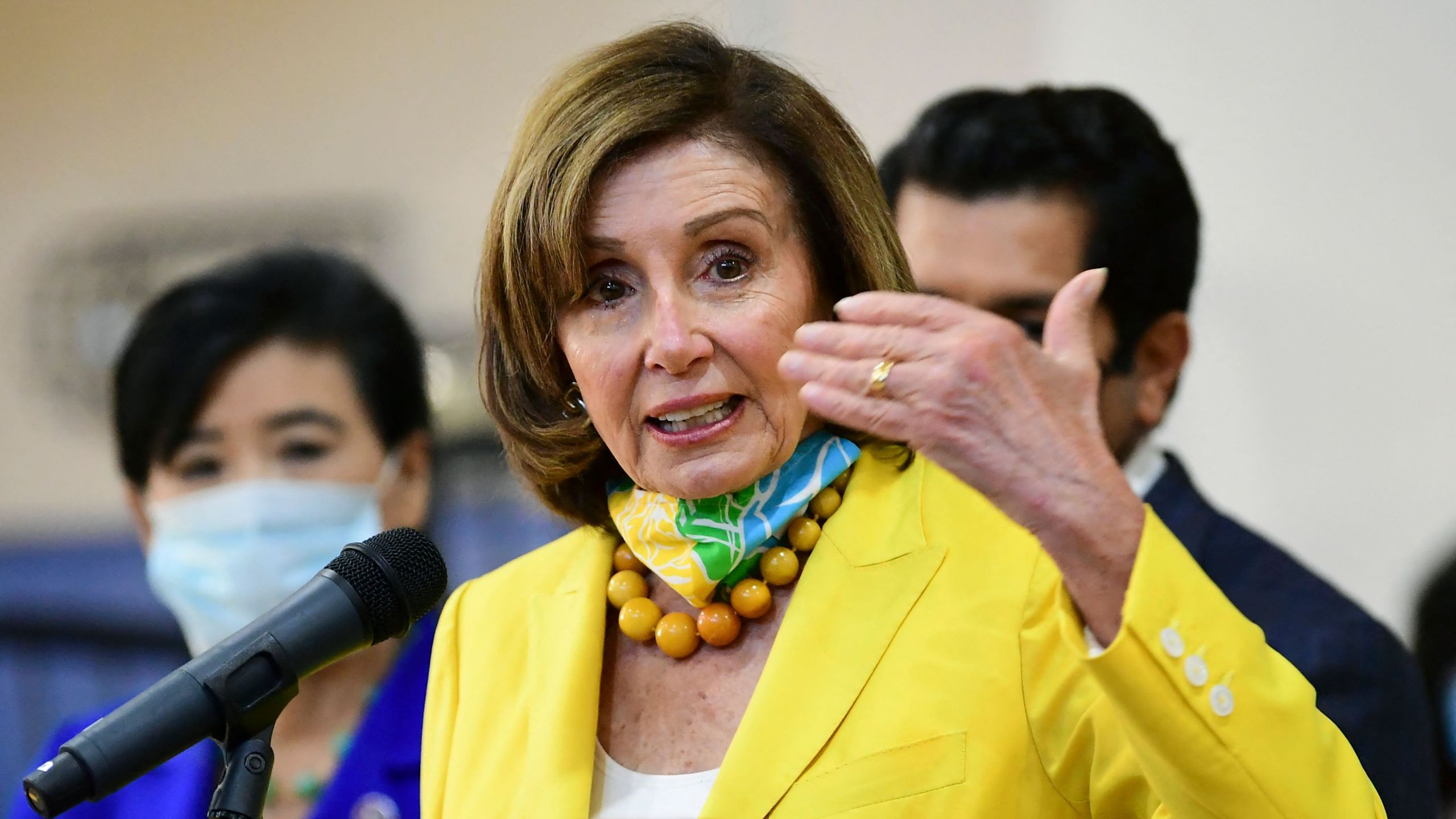 Speaker of the House Nancy Pelosi, Democrat of California, speaks at an event in Los Angeles to raise awareness of the Child Tax Credit on July 15, 2021. (Frederic J. Brown / AFP / Getty Images)