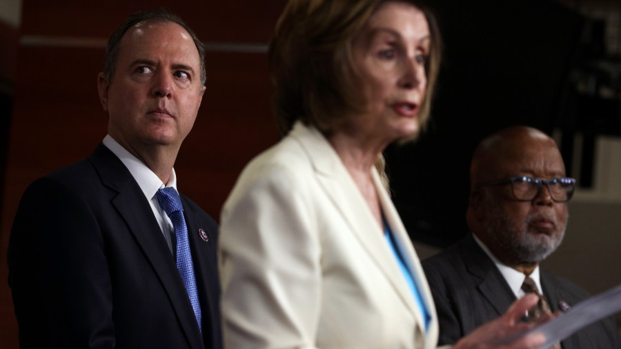 Speaker of the House Rep. Nancy Pelosi (D-CA) (2nd L) speaks as Rep. Bennie Thompson (D-MS) (R) and Rep. Adam Schiff (D-CA) (L) listen during a weekly news conference at the U.S. Capitol July 1, 2021 in Washington, DC. Speaker Pelosi announced her appointments of House Democratic members to the select committee to investigate the January 6th attack on the U.S. Capitol. (Alex Wong/Getty Images)