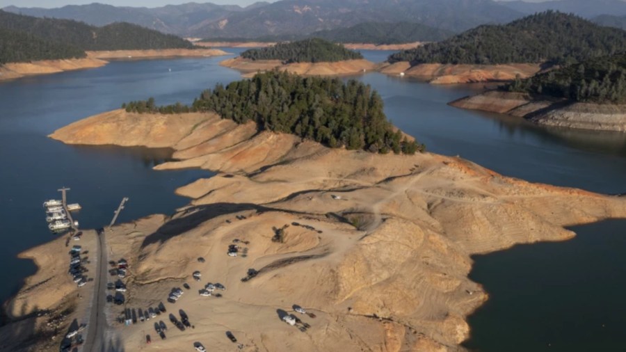 Boats are docked at a marina hundreds of feet from where they are usually moored because water levels at Lake Shasta have fallen during the drought.(Brian van der Brug / Los Angeles Times)