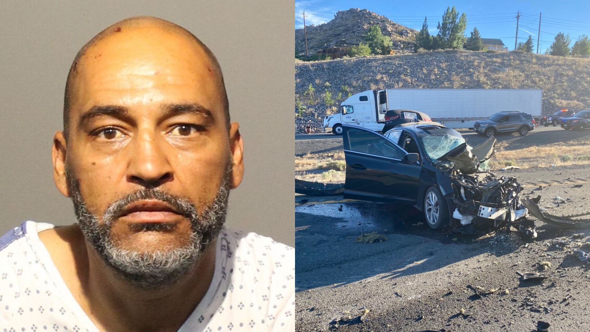 Laron Edward, left, is seen in a booking photo released by the Washoe County Jail; at right, an image of the crash site from the Nevada Highway Patrol.