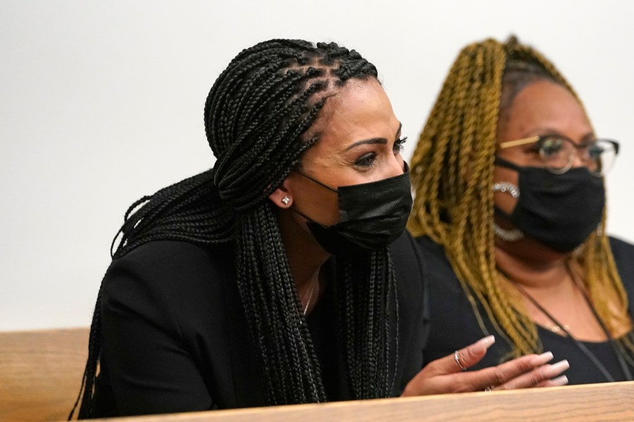 Ashley Sherman, left, wife of NFL player Richard Sherman, spoke in support of her husband at King County District Court, Thursday, July 15, 2021, in Seattle. (AP Photo/Elaine Thompson)