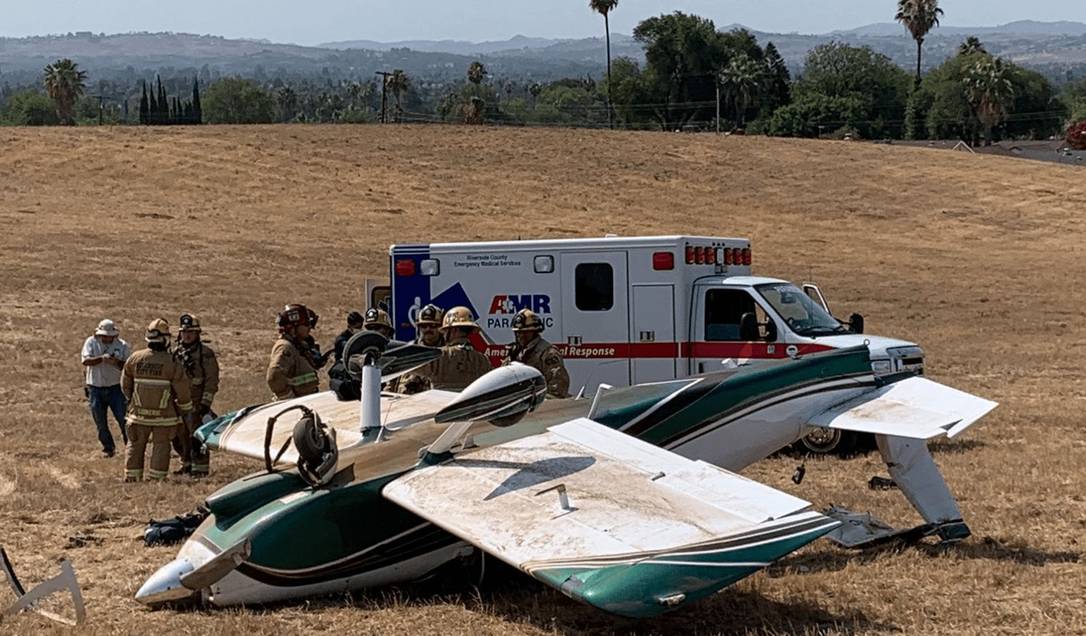 Firefighters and paramedics respond to the scene of a small aircraft crash in Riverside July 15, 2021. (City of Riverside Fire Department)