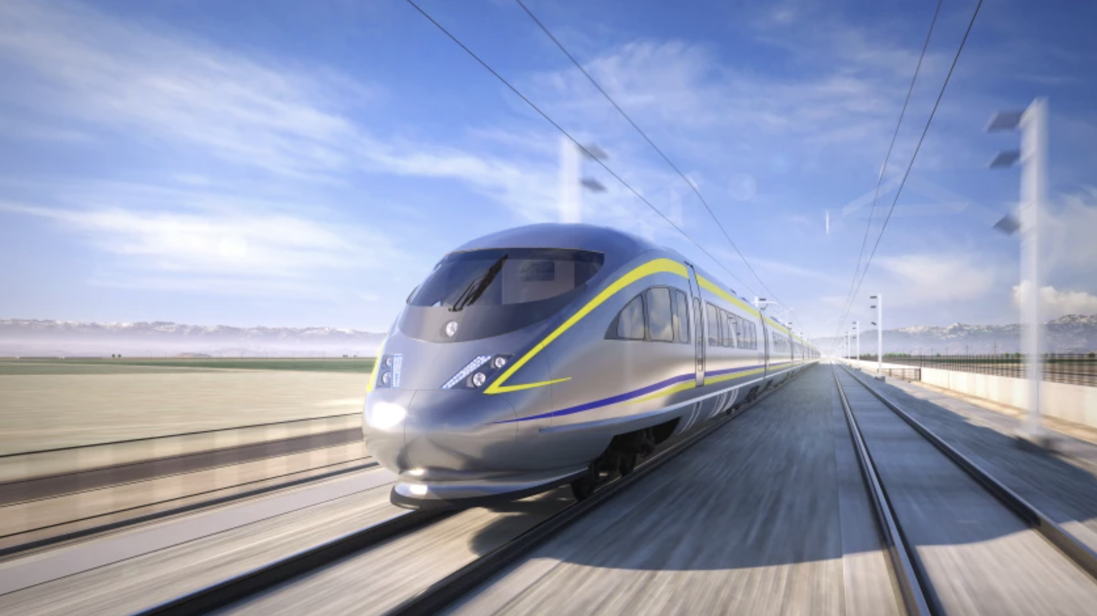 A rendering of the kind of high-speed rail train California plans to run in the San Joaquin Valley, using overhead electrified lines to power the trains. (California High-Speed Rail Authority)