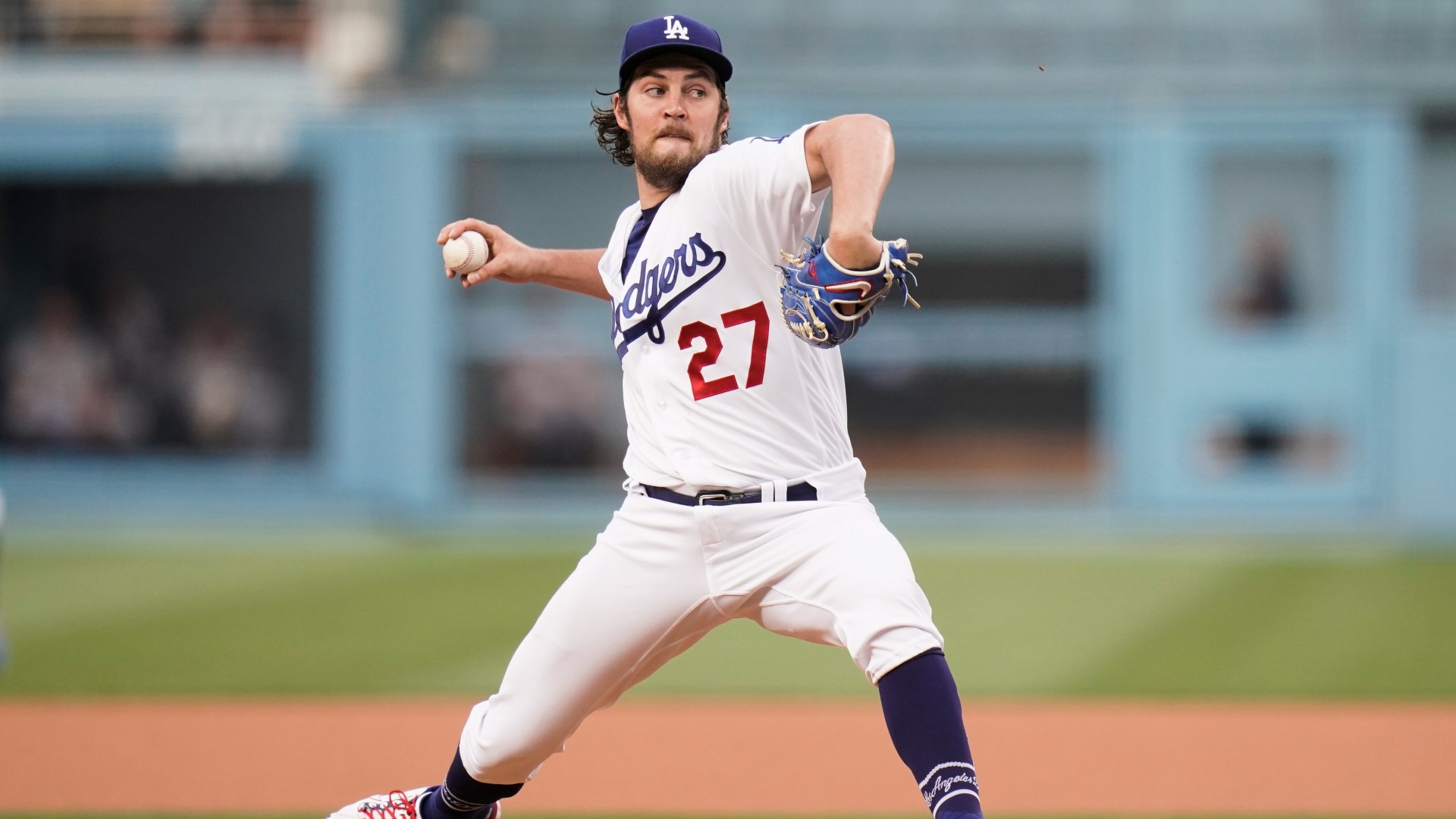 Los Angeles Dodgers starting pitcher Trevor Bauer throws against the San Francisco Giants during the first inning of a baseball game, Monday, June 28, 2021, in Los Angeles. (AP Photo/Jae C. Hong)