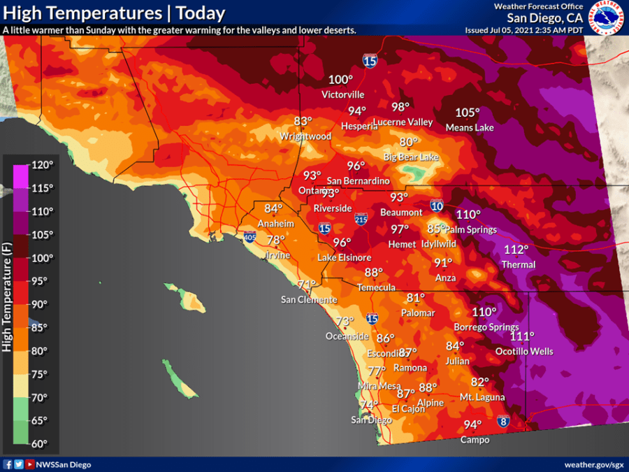 The National Weather Service shared this forecast map on July 5, 2021, indicating warming in the valleys and lower deserts.