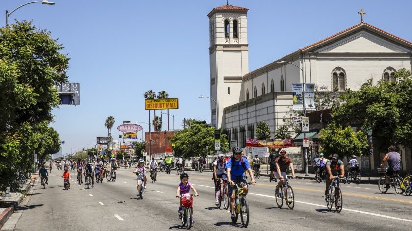 The scene along Washington Boulevard, near Crenshaw, during a CicLAvia event June 30, 2019, in the West Adams neighborhood of Los Angeles. (Jay L. Clendenin/Los Angeles Times)