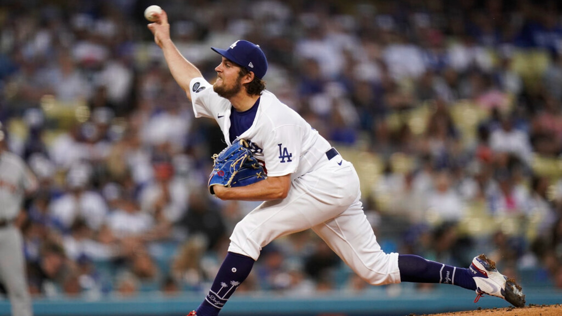 Los Angeles Dodgers starting pitcher Trevor Bauer throws against the San Francisco Giants on June 28, 2021, in Los Angeles. (Jae C. Hong/Associated Press)