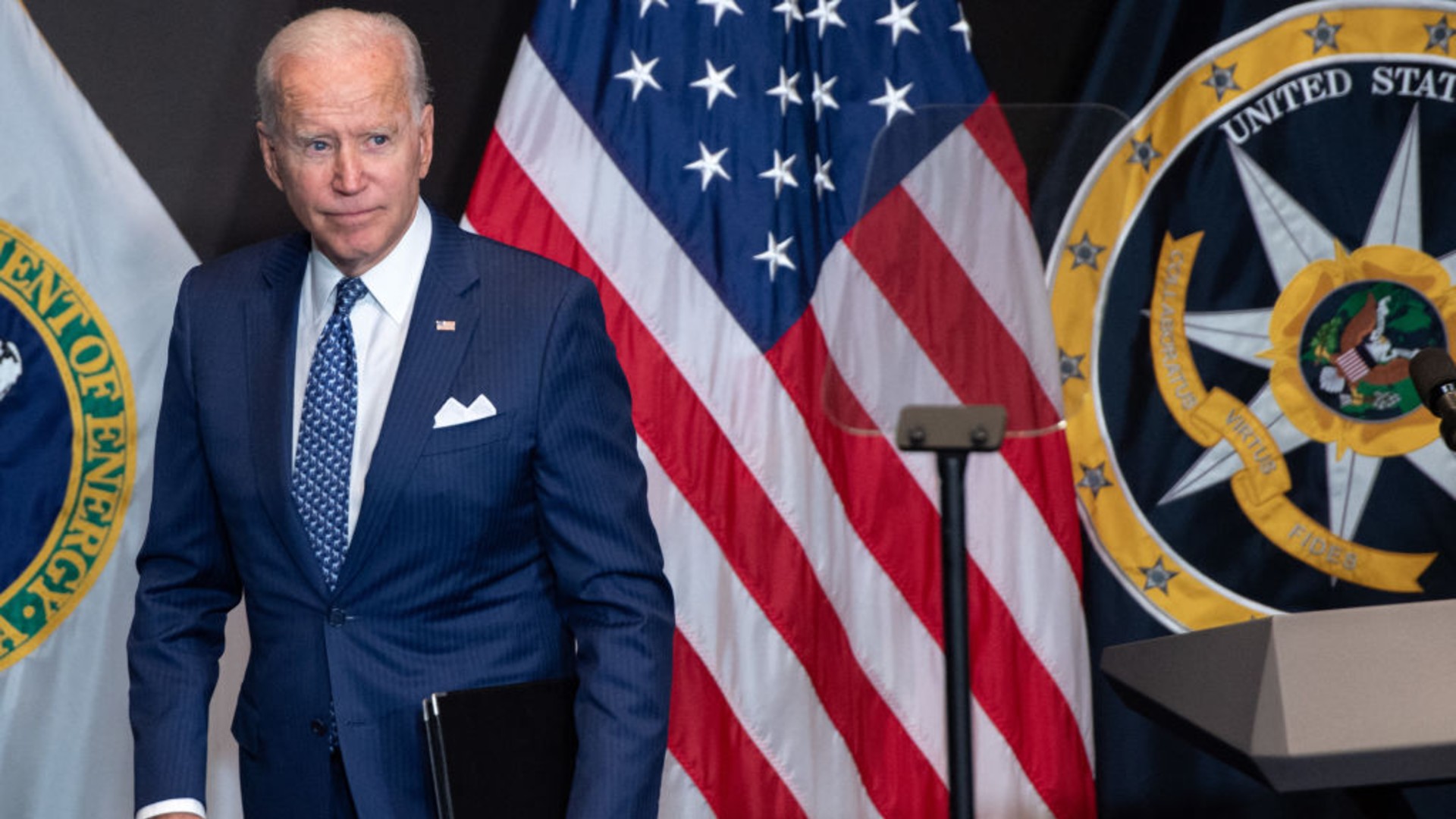 US President Joe Biden leaves after addressing the Intelligence Community workforce and its leadership while on a tour at the Office of the Director of National Intelligence in McLean, Virginia, on July 27, 2021. (SAUL LOEB/AFP via Getty Images)