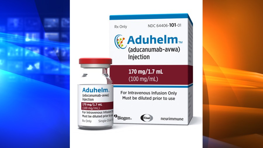 This image provided by Biogen on Monday, June 7, 2021 shows a vial and packaging for the drug Aduhelm.