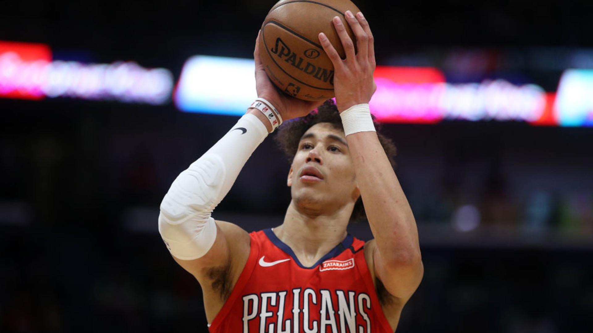 Jaxson Hayes of the New Orleans Pelicans shoots a free throw against the Utah Jazz at Smoothie King Center on January 16, 2020 in New Orleans, Louisiana. (Chris Graythen/Getty Images)