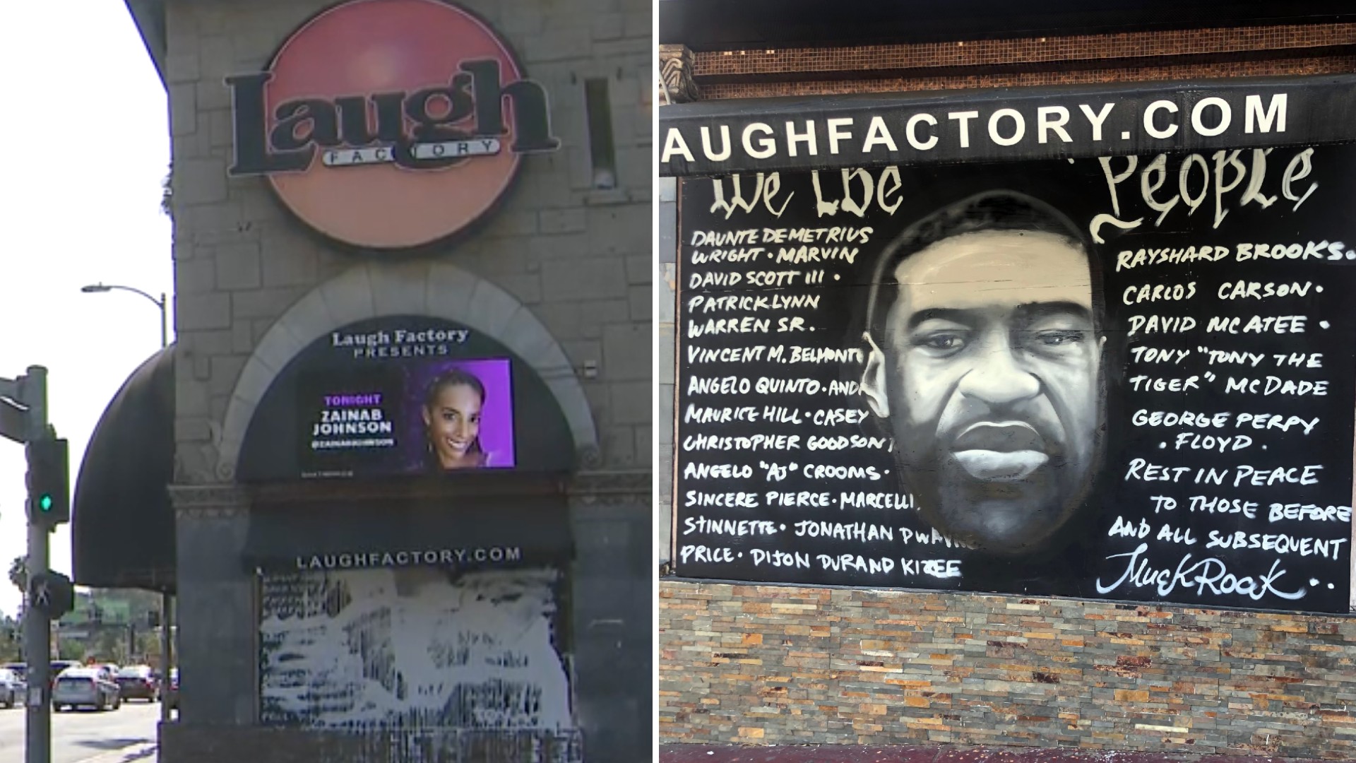 On the left is a July 2021 mural of George Floyd seen vandalized at the Laugh Factory in Hollywood. On the right is the mural before it was defaced. (The Laugh Factory)