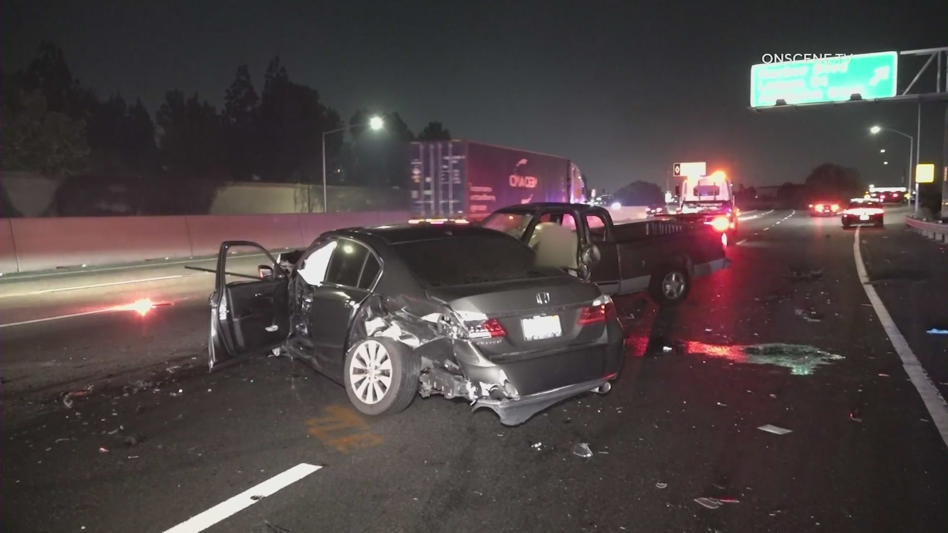 Emergency crews respond to a fatal wrong-way crash on the 91 Freeway in Anaheim on July 6, 2021. (OnScene.TV)