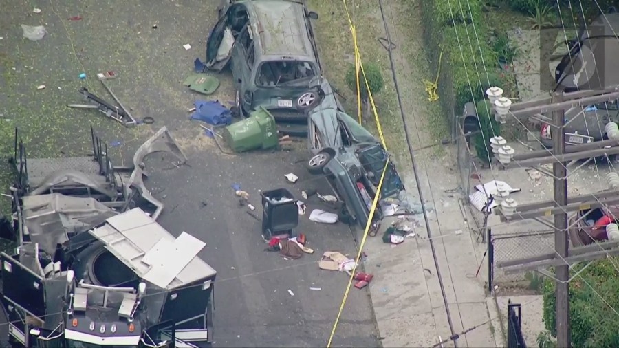 Aerial video from Sky5 shows the aftermath of the fireworks explosion in South L.A. July 1, 2021. (KTLA)