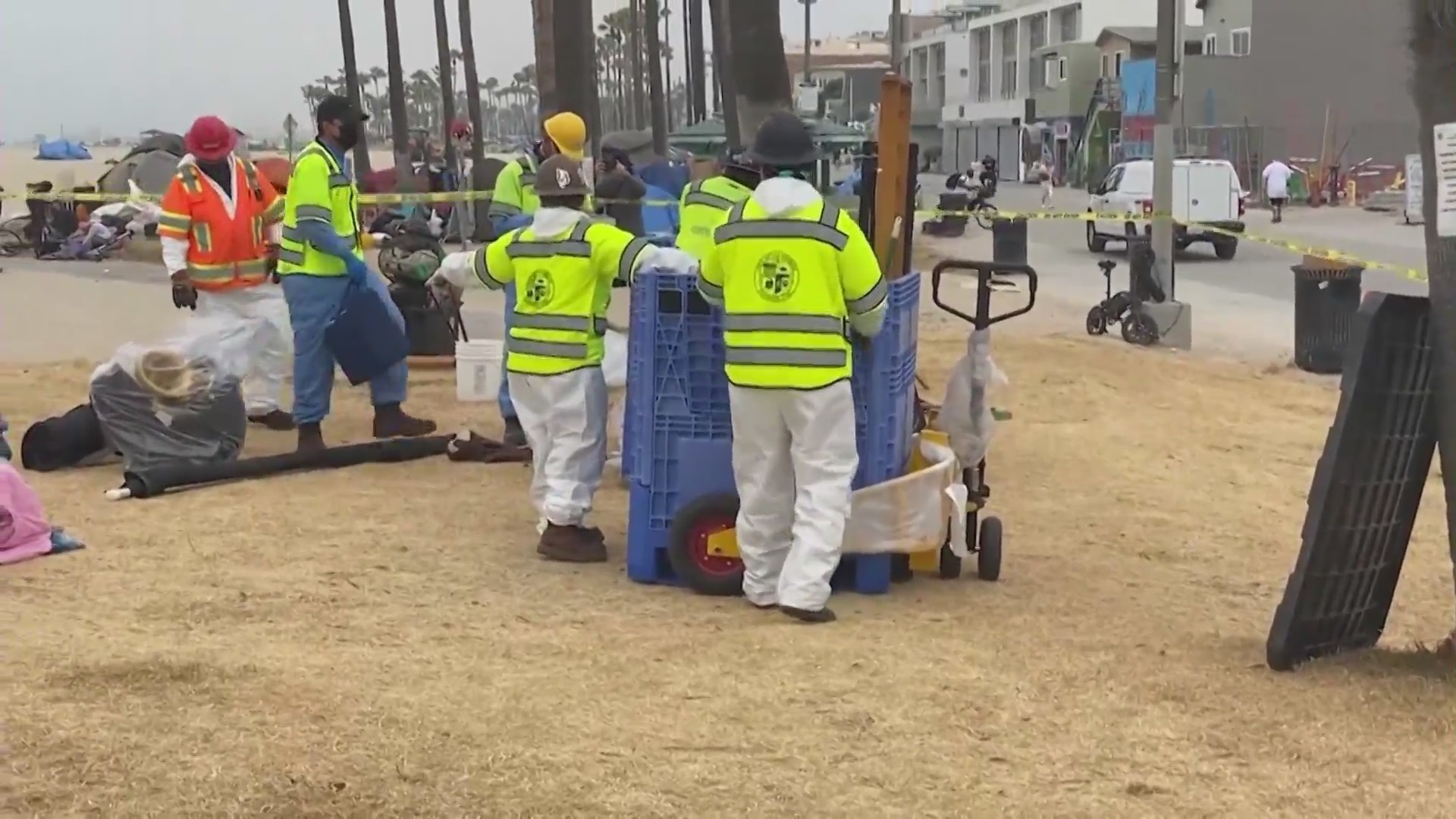 Sanitation crews begin work to clear part of Venice Boardwalk July 16, 2021. (KTLA)