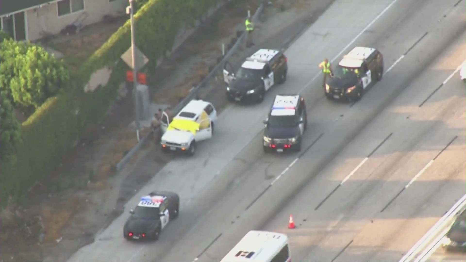 The 605 Freeway seen closed down in Hawaiian Gardens. after a man was found dead July 9, 2021. (KTLA)