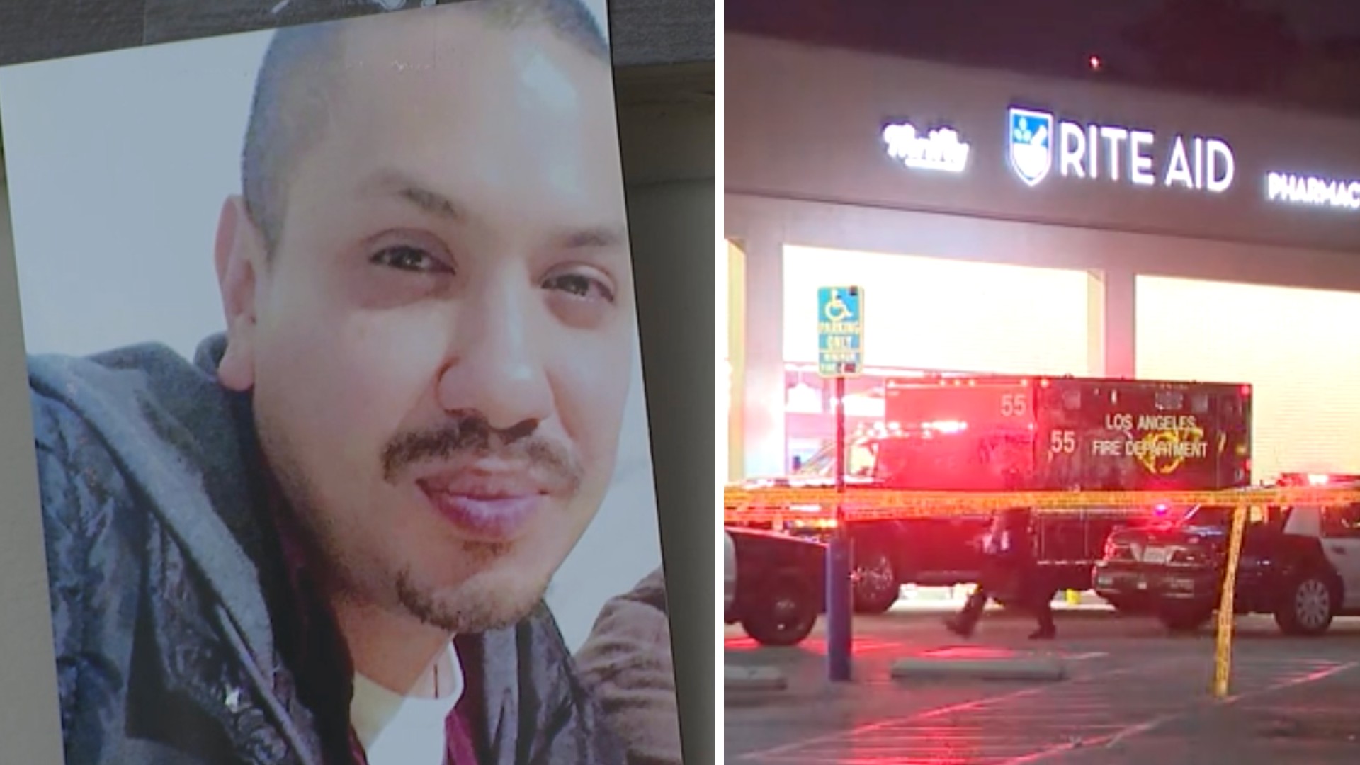 A makeshift memorial set up outside Rite Aid in Glassell Park on July 16, 2021, shows a picture of a man who loved ones identified as Miguel Penaloza. On the right, the store is seen the previous night. (KTLA)