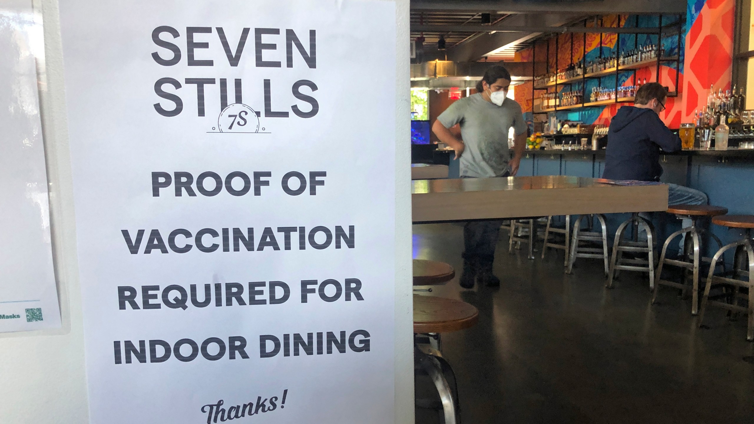 A proof of vaccination sign is posted at a bar in San Francisco on Thursday, July 29, 2021. Until now, many employers had taken a passive approach to their unvaccinated workers, relying outreach and incentives. But that has been shifting, with vaccine mandates gaining momentum. (AP Photo/Haven Daley)