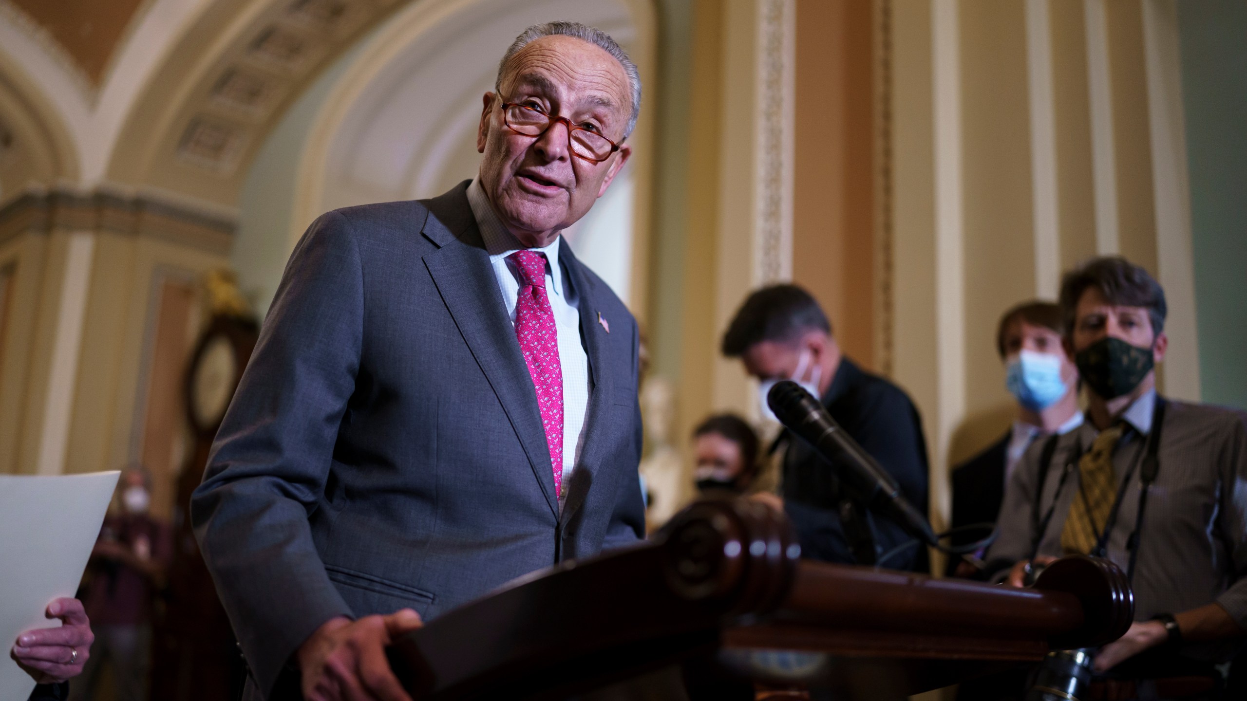 In this Aug. 3, 2021 photo, Senate Majority Leader Chuck Schumer, D-N.Y., speaks to reporters at the Capitol in Washington. Senate Democrats released a budget resolution Monday that maps $3.5 trillion in spending boosts and tax breaks aimed at strengthening social and environmental programs, setting up an autumn battle over President Joe Biden's domestic policy ambitions. (AP Photo/J. Scott Applewhite)