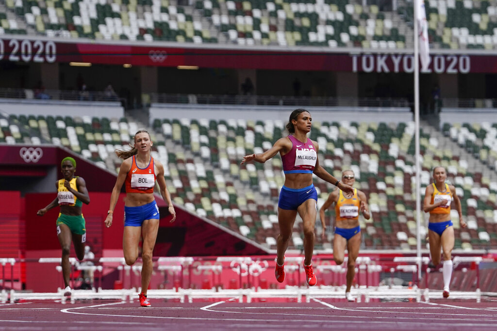 Sydney Mclaughlin, of the United States, wins the women's 400-meter hurdles final at the 2020 Summer Olympics, Wednesday, Aug. 4, 2021, in Tokyo, Japan. (AP Photo/Petr David Josek)