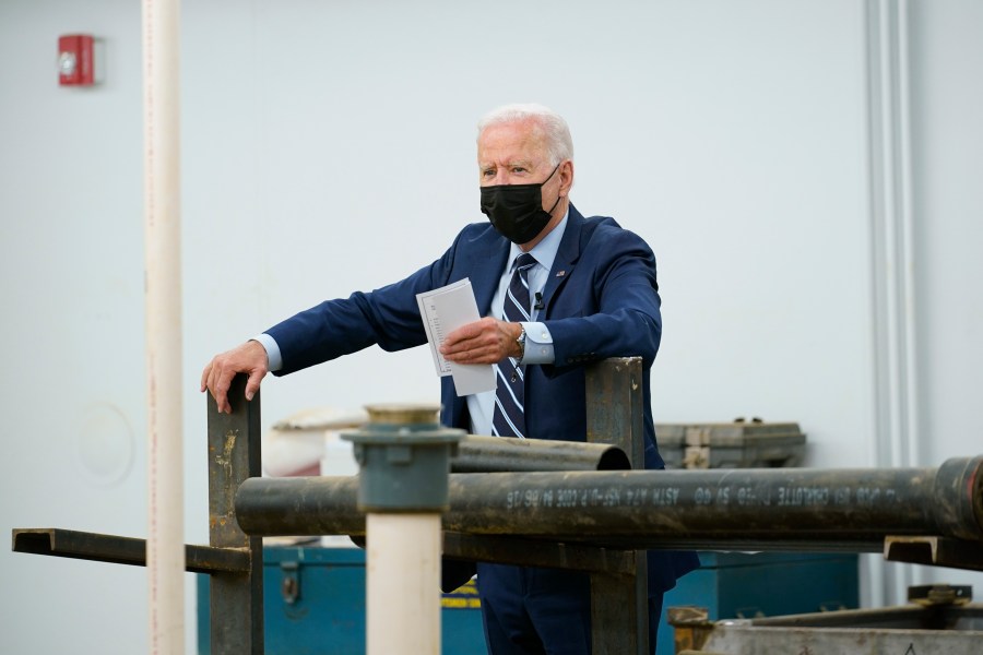 President Joe Biding tours Plumbers & Gasfitters Local 5 Training Facility in Lanham, Md., Wednesday, Aug 4, 2021. (AP Photo/Susan Walsh)