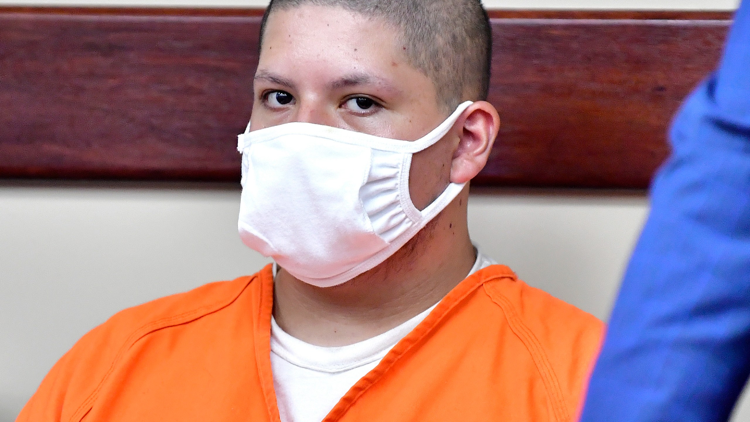 Joseph Jimenez, 20, left, appears in the Riverside Hall of Justice on July 30, 2021, in Riverside, Calif. (Will Lester/The Orange County Register via AP, File)