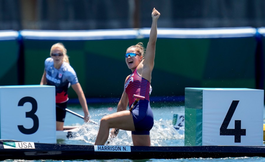 Nevin Harrison, of the United States, reacts after winning the gold medal in the women's canoe single 200m final at the 2020 Summer Olympics on Aug. 5, 2021, in Tokyo, Japan. (AP Photo/Kirsty Wigglesworth)