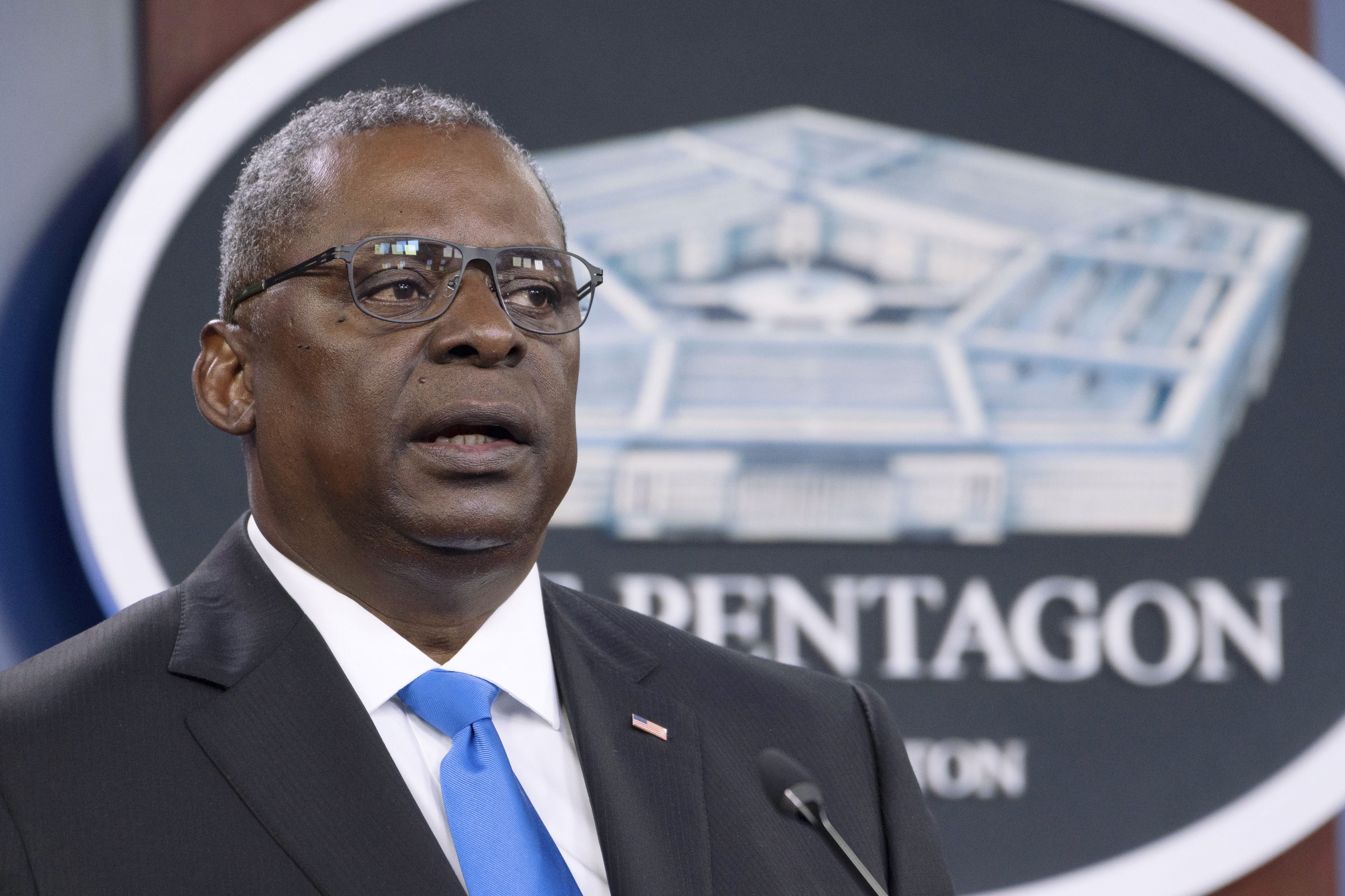 In this July 21, 2021 file photo, Defense Secretary Lloyd Austin speaks at a press briefing at the Pentagon in Washington. Austin has said he is working expeditiously to make the COVID-19 vaccine mandatory for military personnel and is expected to ask Biden to waive a federal law that requires individuals be given a choice if the vaccine is not fully licensed. (AP Photo/Kevin Wolf, File)