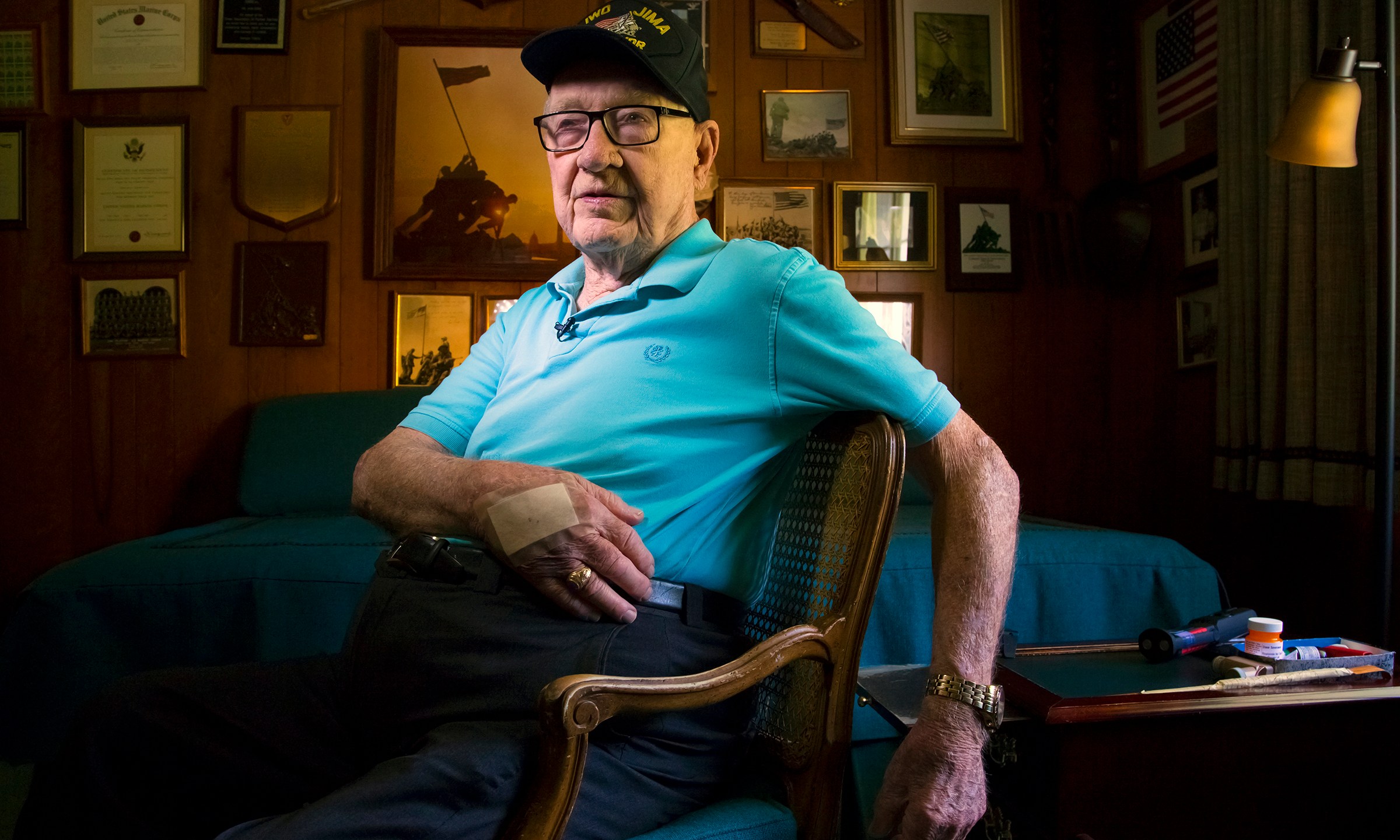 Dave Severance, a retired U.S. Marine colonel whose troops were the first to plant an American flag over the Japanese island of Iwo Jima during World War II, is seen at his home in San Diego on May 20, 2015. (San Diego Union-Tribune via Associated Press)