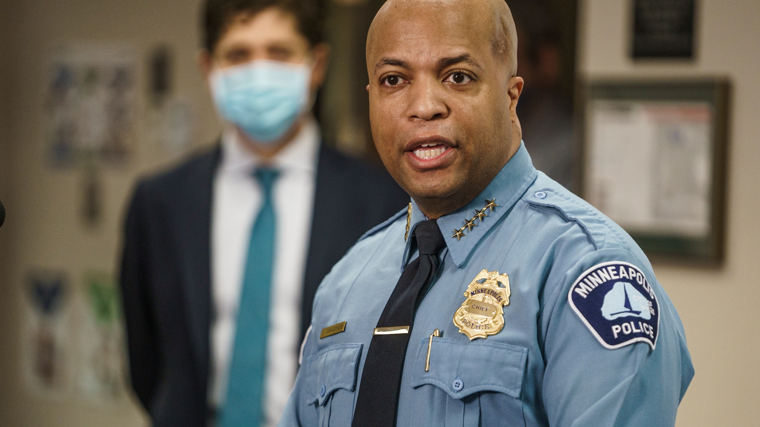 In this Feb. 17, 2021 file photo, Minneapolis Police Chief Medaria Arradondo speaks during a news conference accompanied by Minneapolis Mayor Jacob Frey in Minneapolis. Activists in Minneapolis are making a second attempt to get rid of the city's police department, more than a year after George Floyd's death at the hands of officers. (Richard Tsong-Taatarii/Star Tribune via AP, Pool, File)