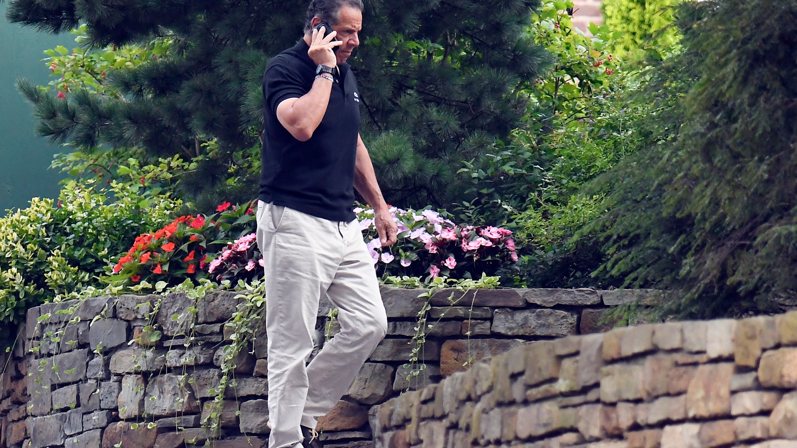 Gov. Andrew Cuomo talks on the phone while walking with his dog Captain at the New York state Executive Mansion, Saturday, Aug. 7, 2021, in Albany, N.Y. (AP Photo/Hans Pennink)