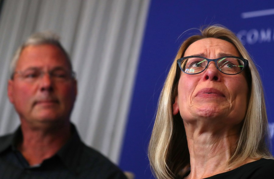 John Bauer, left, and his wife, Rose Bauer, speak to the media on June 20, 2019, in Oakland, Calif. (Aric Crabb/Bay Area News Group via AP)