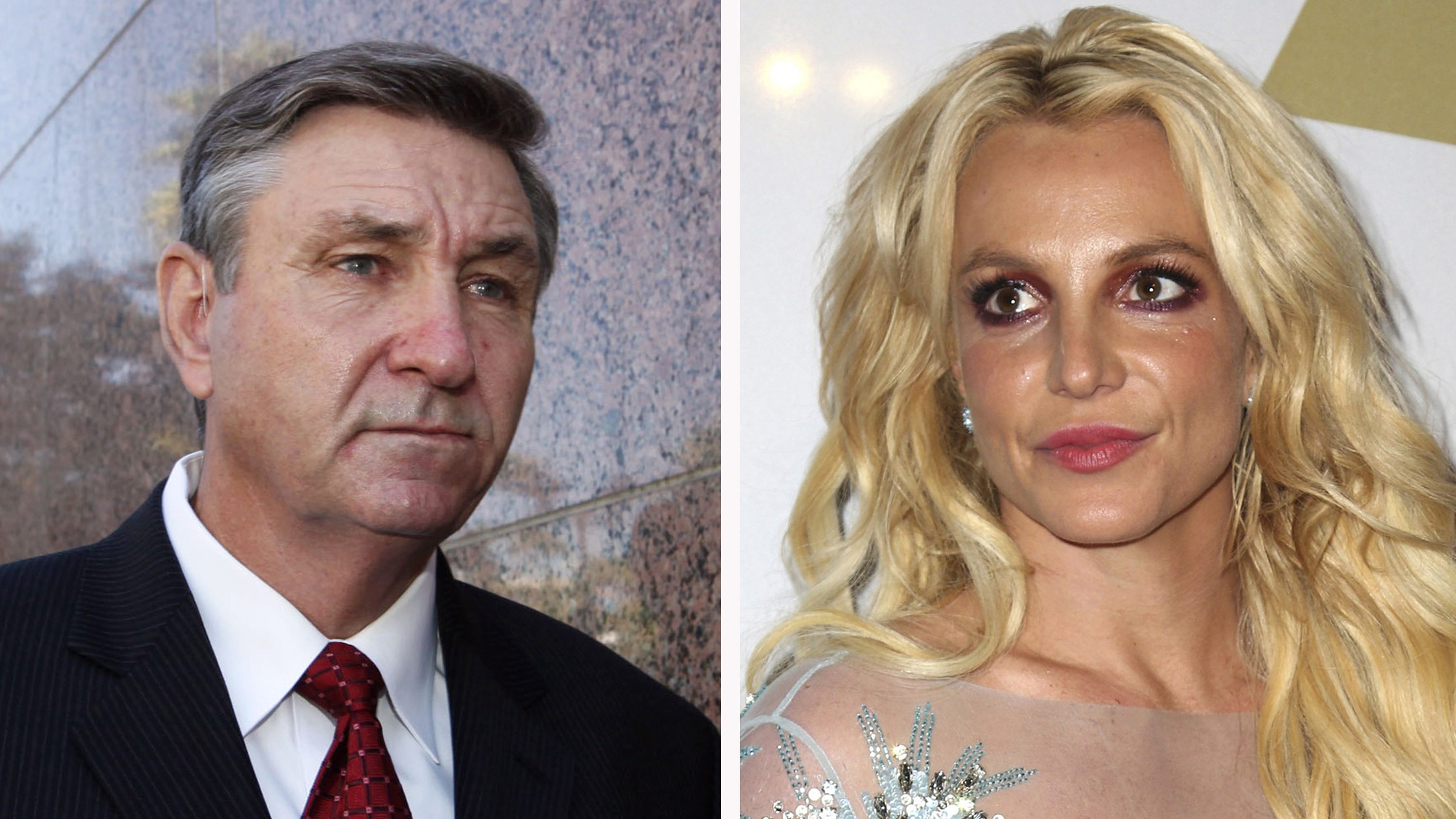 This combination photo shows Jamie Spears, left, father of Britney Spears, as he leaves the Stanley Mosk Courthouse on Oct. 24, 2012, in Los Angeles, and Britney Spears at the Clive Davis and The Recording Academy Pre-Grammy Gala on Feb. 11, 2017, in Beverly Hills. (Associated Press)