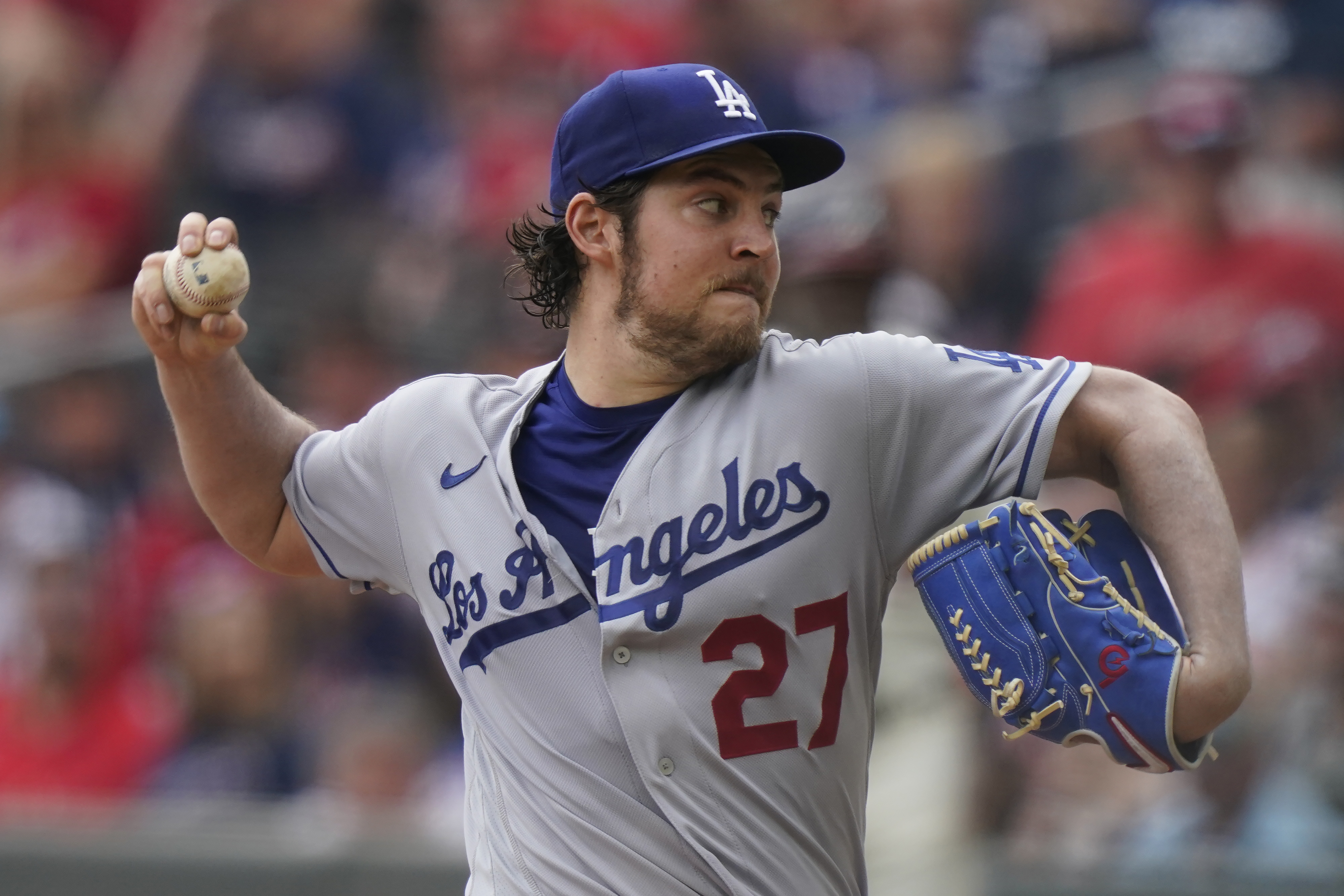 Los Angeles Dodgers pitcher Trevor Bauer delivers in the first inning of a baseball game against the Atlanta Braves in Atlanta on June 6, 2021. (Brynn Anderson / Associated Press)