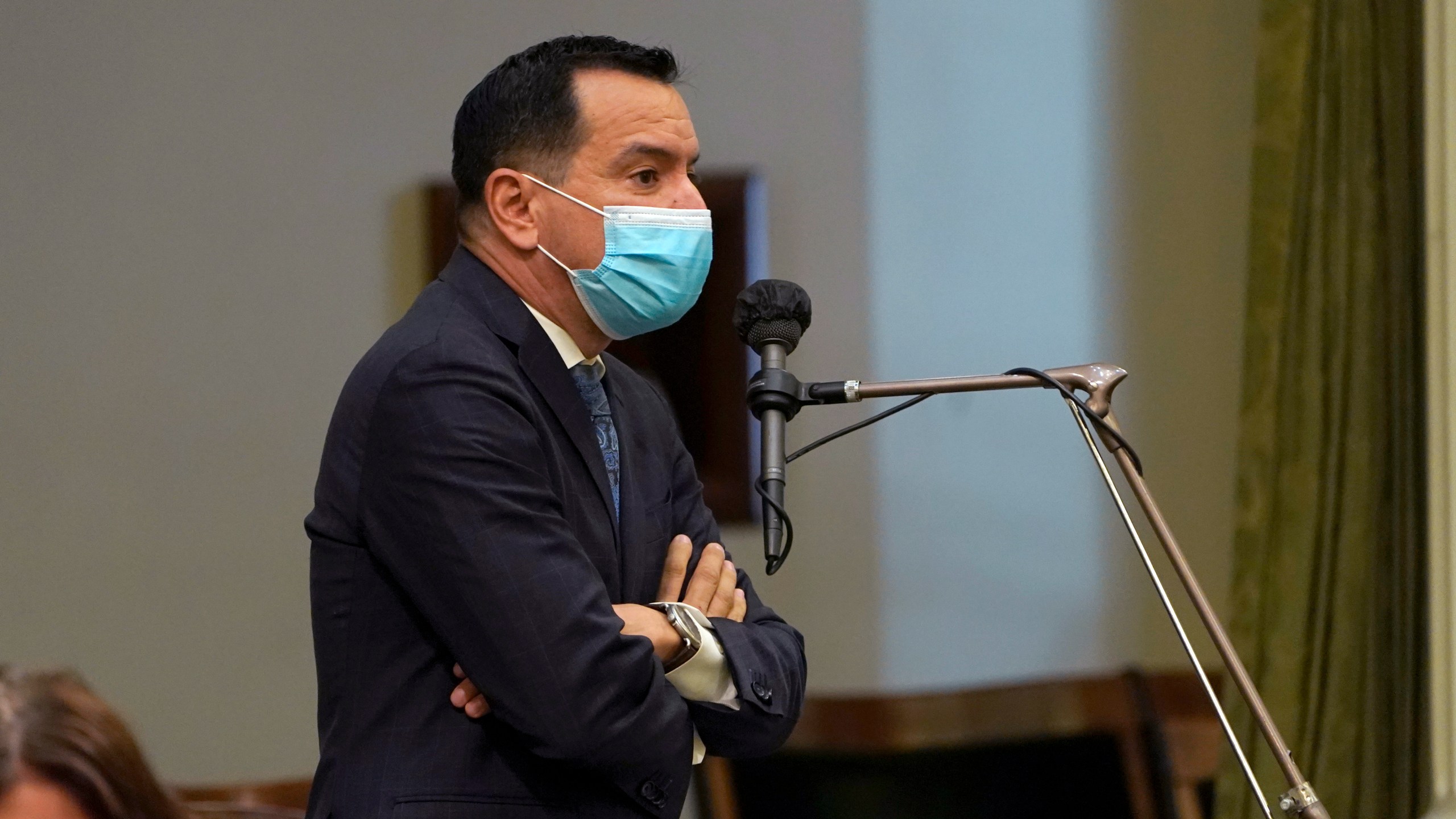 In this July 15, 2021, file photo, Assembly Speaker Anthony Rendon, D-Lakewood, wears a face mask as he addresses the Assembly in Sacramento. (Rich Pedroncelli/Associated Press)