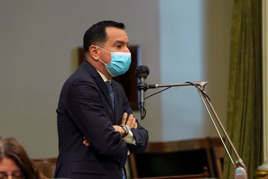 In this July 15, 2021, file photo, Assembly Speaker Anthony Rendon, D-Lakewood, wears a face mask as he addresses the Assembly in Sacramento. (Rich Pedroncelli/Associated Press)