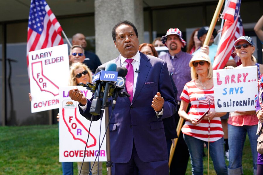 In this July 13, 2021, file photo, radio talk show host Larry Elder speaks to supporters during a campaign stop in Norwalk, California. (AP Photo/Marcio Jose Sanchez, File)