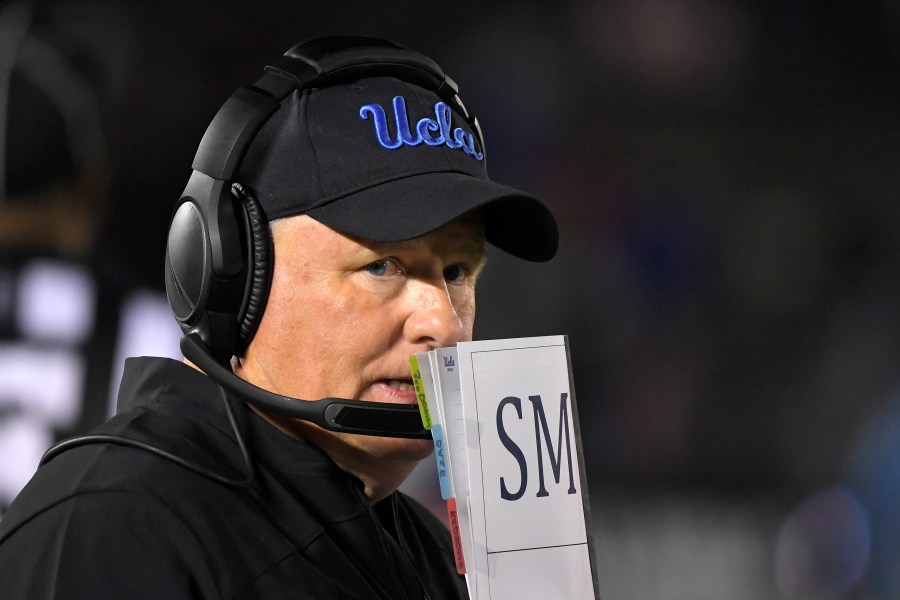 In this Nov. 30, 2019, file photo, UCLA head coach Chip Kelly stands on the sideline during the second half of an NCAA college football game against California in Pasadena, Calif. It's either now or never as Kelly enters his fourth season at UCLA. Kelly has one of the more experienced squads in the Pac-12 Conference with 19 starters returning. (AP Photo/Mark J. Terrill, File)