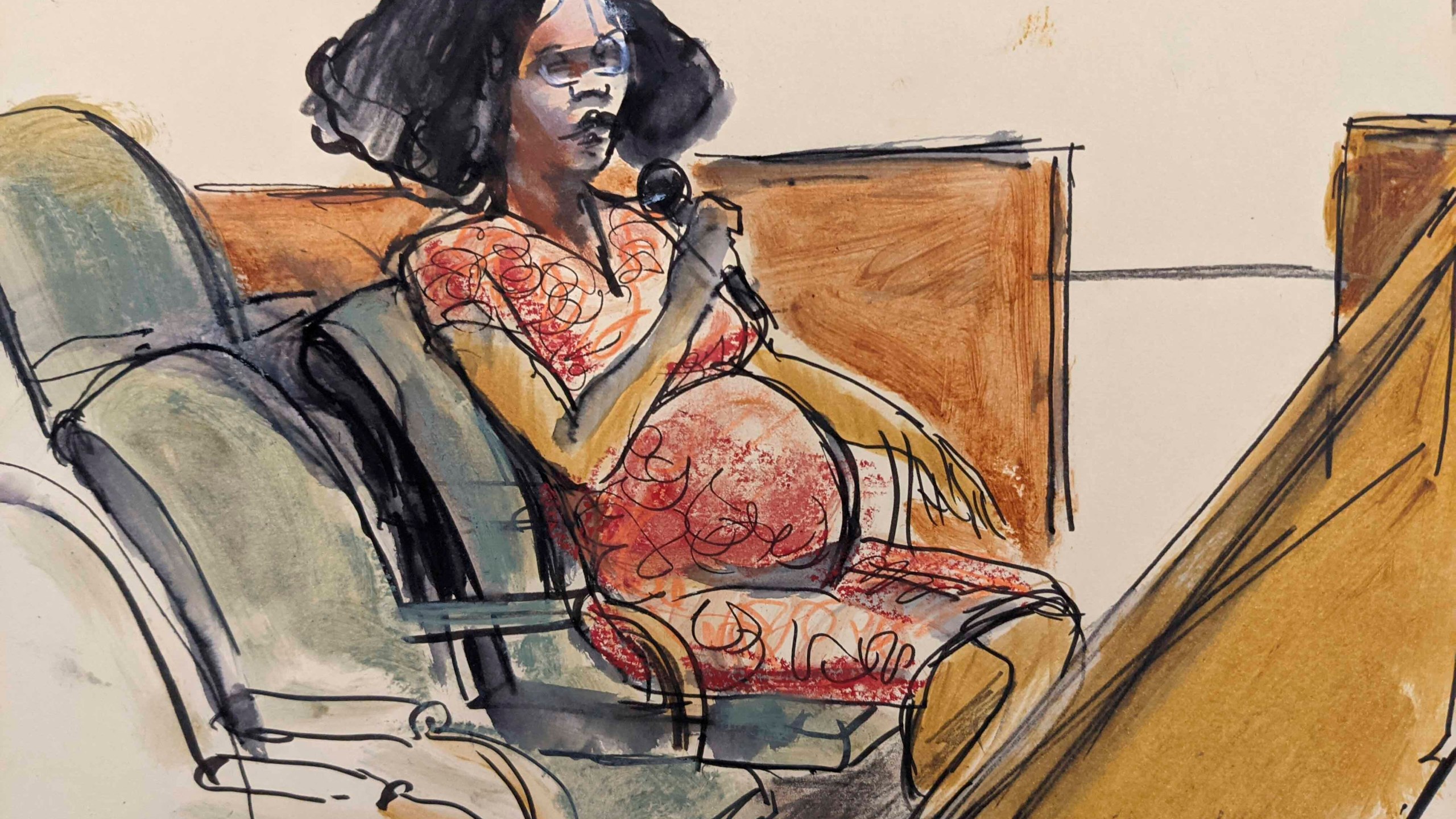 In this courtroom sketch Jerhonda Pace testifies against R&B star R. Kelly during the singer's sex abuse trial on Aug. 18, 2021, in New York. (Elizabeth Williams via Associated Press)