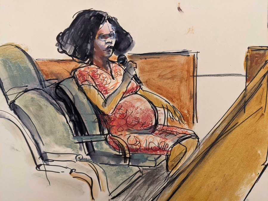 In this courtroom sketch Jerhonda Pace testifies against R&B star R. Kelly during the singer's sex abuse trial on Aug. 18, 2021, in New York. (Elizabeth Williams via Associated Press)