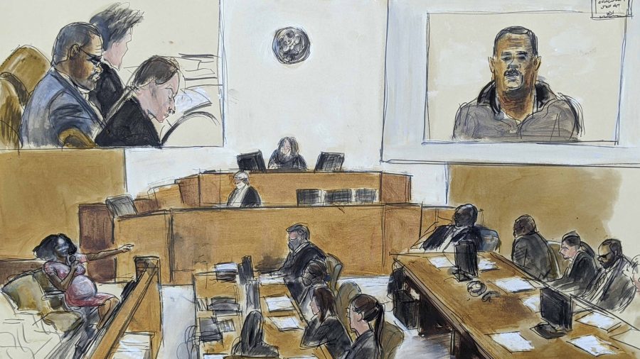 In this courtroom artist's sketch made from a video screen monitor of a Brooklyn courtroom, defendant R. Kelly, top left, listens as Jerhonda Pace, far left, testifies against the R&B star during the singer's sex abuse trial in New York on Aug. 18, 2021. (Elizabeth Williams via Associated Press)